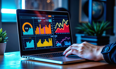 Business analytics dashboard with neon lit data visualization. Financial metrics on laptop with smartwatch. Technology interface and intelligence reports in luminous workspace. Kpi trends analysis