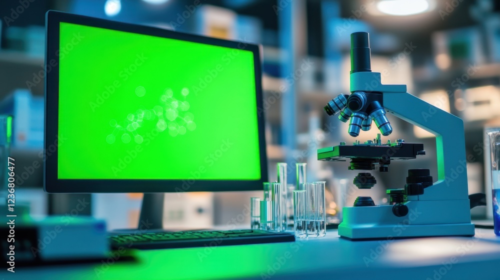 Poster laboratory scene with a desktop computer showing a green screen mock-up, test tubes, microscope, and