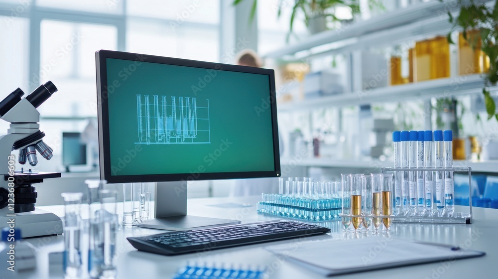 Poster laboratory scene with a desktop computer showing a green screen mock-up, test tubes, microscope, and
