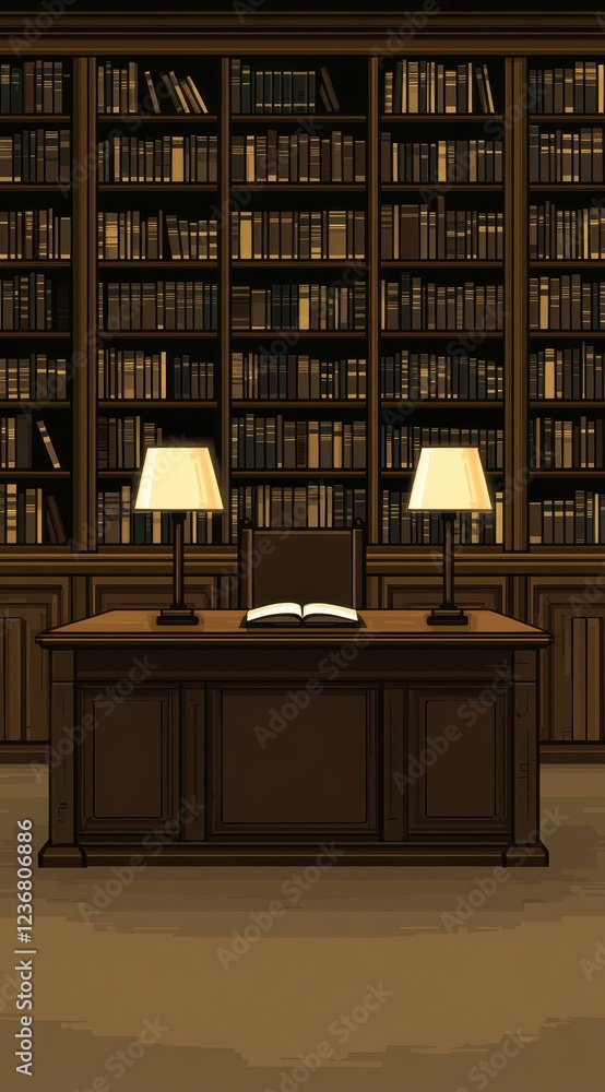 Poster dark wooden desk with open book sits between two lamps in a dimly lit library with large bookshelves