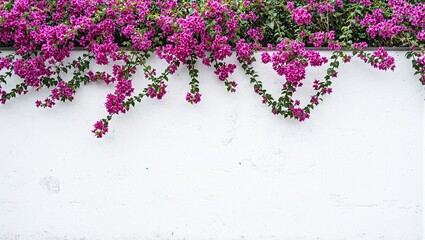 Vibrant purple bougainvillea vines on white wall