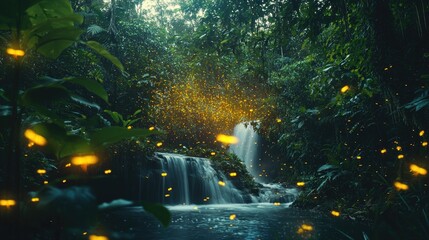 Naklejka premium A serene rainforest scene with trees, waterfalls, and glowing fireflies flying around. The fireflies could pulse in time with the music, while the scene stays tranquil and looping