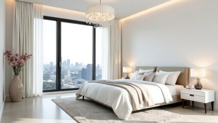 Modern light bedroom interior in a skyscraper, large bed, white colored walls, modern elements, chandelier, flowers in pots