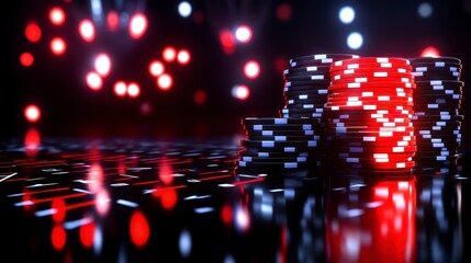 Stacks of black and red poker chips on a reflective surface with a bokeh background of red and white lights. The scene is dark and dramatic with