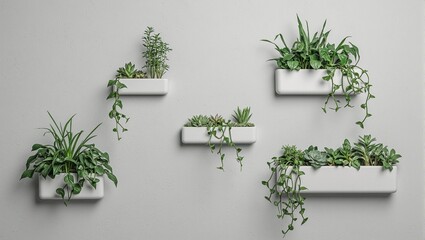 Stylish gray wall adorned with trailing philodendrons and succulents in built in planters