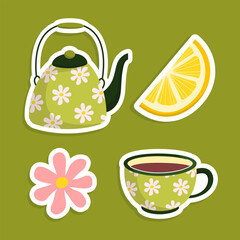 Seamless pattern with cute elements: teapot, tea cup, mint, lemon, chamomile. Vector illustration with ceramic tableware