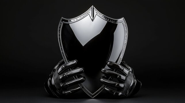 Black shield held by gloved hands, dark background, security concept