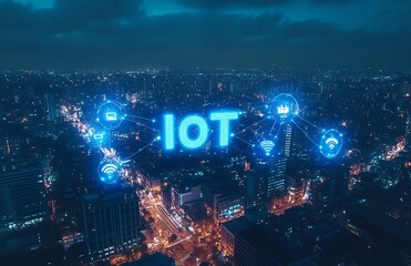 Night cityscape with IoT network overlay.