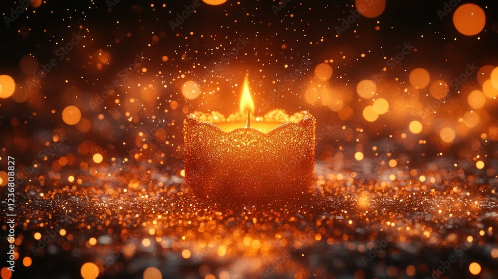 Poster golden candle in focus on sparkling background with bokeh