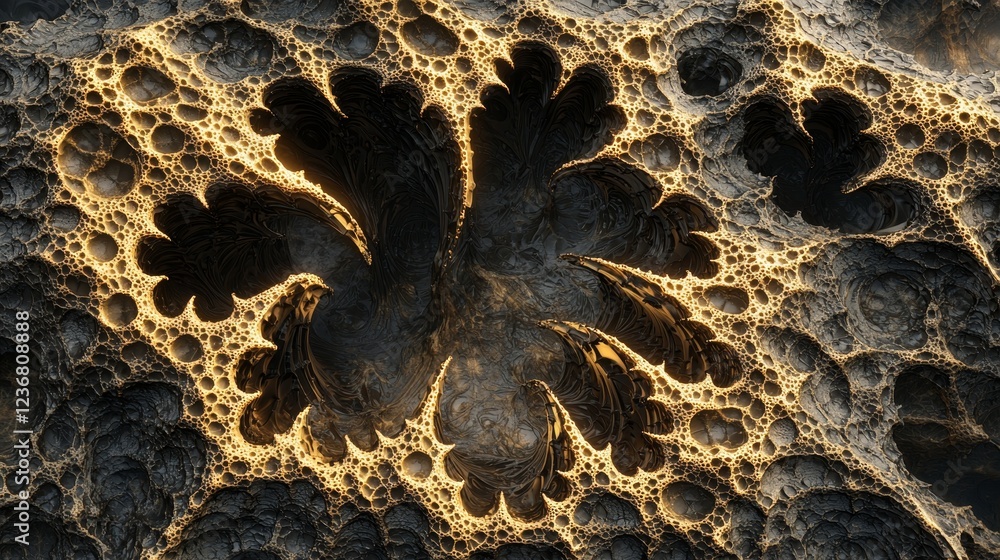 Poster fusion of tech and organic elements in intricate shapes and patterns