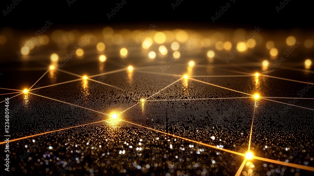 Poster abstract illuminating connection lines in cyber space with golden spots