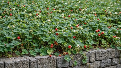 Wild strawberries on rustic stone wall with ripe red berries and white flowers
