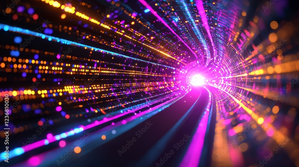 Poster abstract digital data streams flowing through a vivid light tunnel