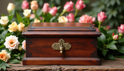 Sophisticated cremation urn placed gracefully among colorful flowers, representing a beautiful memory and tribute for loved ones.