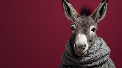 Donkey wearing a stylish scarf standing confidently with a charismatic and elegant presence exuding warmth and sophistication ultra-detailed high-quality studio portrait