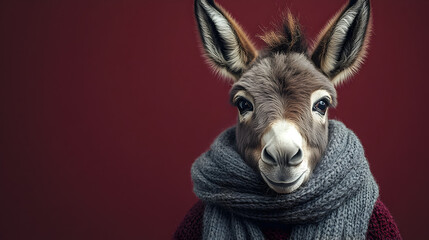 Donkey wearing a stylish scarf standing confidently with a charismatic and elegant presence exuding warmth and sophistication ultra-detailed high-quality studio portrait
