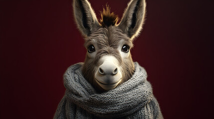 Donkey wearing a stylish scarf standing confidently with a charismatic and elegant presence exuding warmth and sophistication ultra-detailed high-quality studio portrait