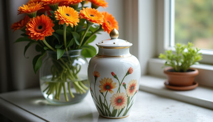 Charming porcelain cremation urn adorned with floral patterns, surrounded by vibrant flowers, creating a peaceful and loving tribute in a serene indoor setting.