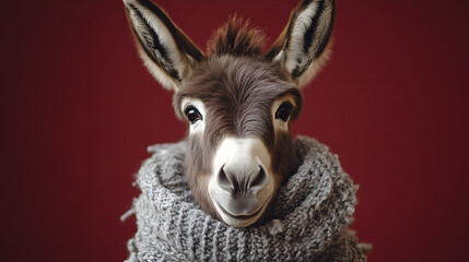 Donkey wearing a stylish scarf standing confidently with a charismatic and elegant presence exuding warmth and sophistication ultra-detailed high-quality studio portrait