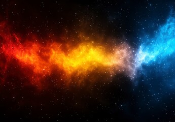 Abstract cosmic artwork depicting a fiery orange and red nebula transitioning into a cool blue nebula, set against a backdrop of dark space speckled