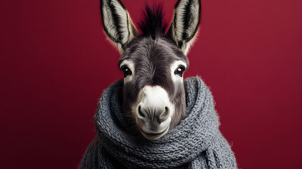 Donkey wearing a stylish scarf standing confidently with a charismatic and elegant presence exuding warmth and sophistication ultra-detailed high-quality studio portrait