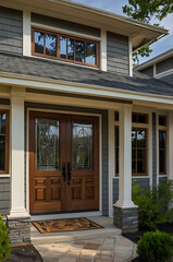 Elegant Home Exterior: Gray Siding, Brown Wooden Doors, Stone Pillars and Landscaping