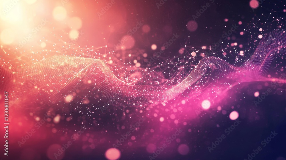 Poster abstract digital communication waves with glowing particles in motion