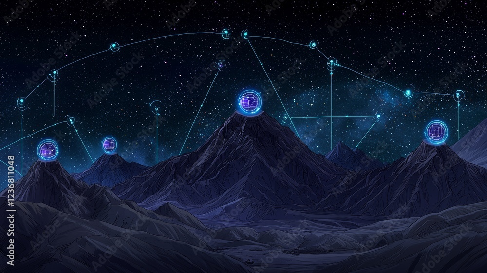 Poster abstract representation of data exchange in a futuristic landscape