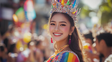 Fototapeta premium A beautiful smiling woman wearing a colorful costume and headdress at a festival parade,