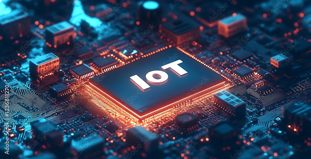 Poster iot technology concept illuminated central processing unit (cpu) on a circuit board.