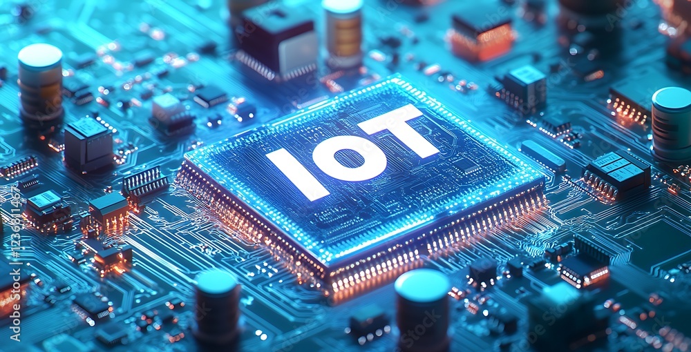 Aufkleber iot microchip on a circuit board glowing with blue light.