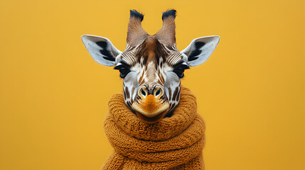 Giraffe wearing a stylish scarf standing confidently with an elegant and charismatic presence exuding sophistication and warmth ultra-detailed high-quality studio portrait