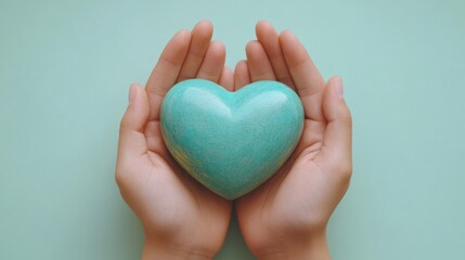 Obraz premium Hands Holding Turquoise Heart Symbolizing Love, Care, and Well-being on Soft Green Background
