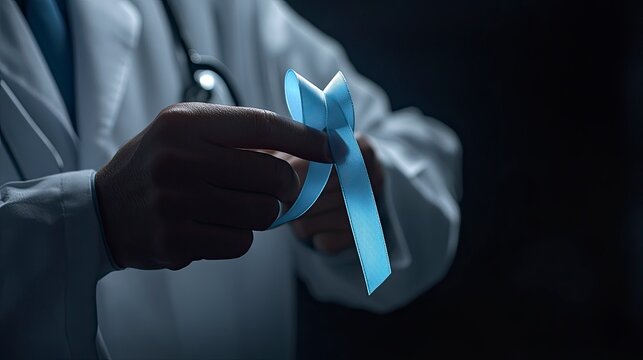 Close-up of a doctor's hand holding a light blue cancer ribbon for World Cancer Day and research. World Cancer Day concept, medical health care support and research. Lung cancer.  - Powered by Adobe