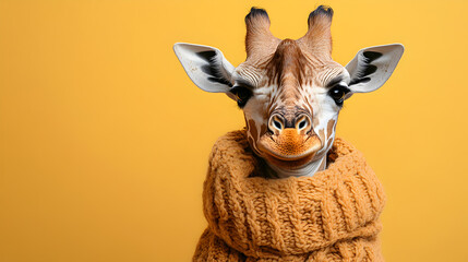 Giraffe wearing a stylish scarf standing confidently with an elegant and charismatic presence exuding sophistication and warmth ultra-detailed high-quality studio portrait