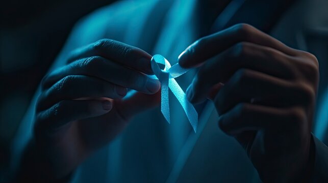Close-up of a doctor's hand holding a light blue cancer ribbon for World Cancer Day and research. World Cancer Day concept, medical health care support and research. Lung cancer.  - Powered by Adobe