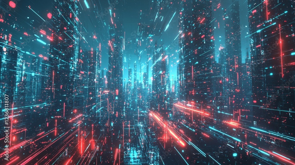 Poster quirky animated digital landscape with vibrant neon elements and patterns