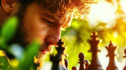 Focused Young Man Concentrating on Chess Game Surrounded by Nature and Sunlight