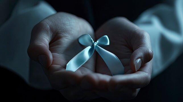 Close-up of a doctor's hand holding a light blue cancer ribbon for World Cancer Day and research. World Cancer Day concept, medical health care support and research. Lung cancer.  - Powered by Adobe