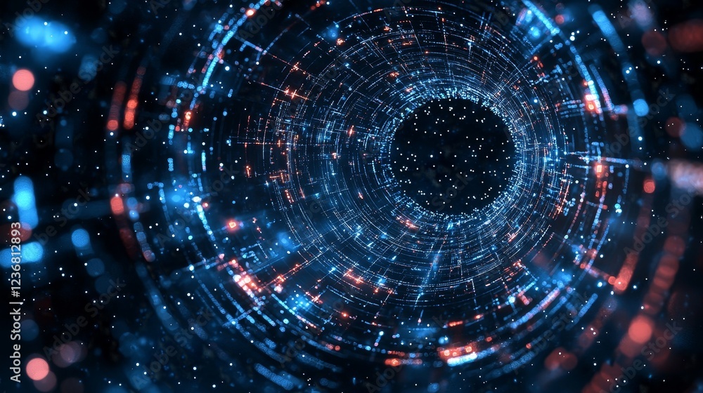 Poster vibrant circular motion in cyberspace with dynamic light patterns