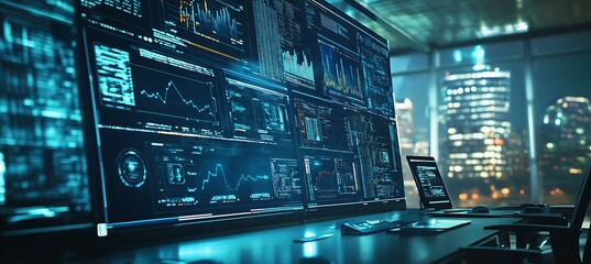 Obraz premium A professional workspace with a large digital display 