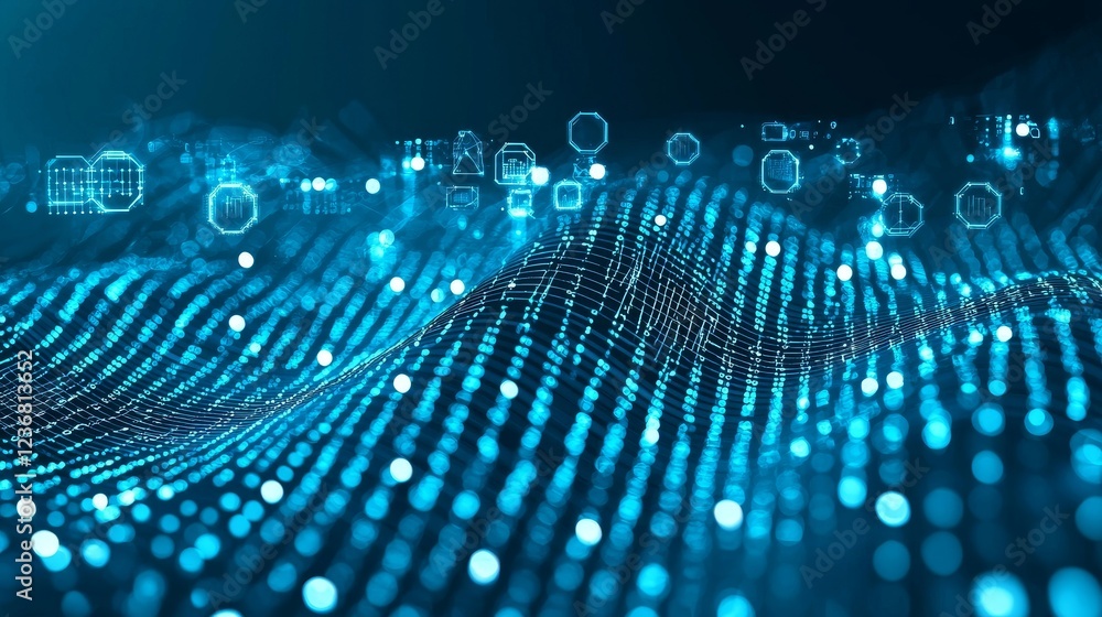 Poster futuristic blue cyber visualization with data points and waves in cyberspace
