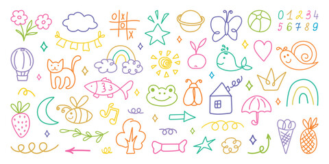 Hand drawn kid crayon illustrations. Children lines icons, arrow, figures, brush, chalk scribble. Pencil or marker underline set. Child geometric abstract elements. Shapes in doodle style. Vector