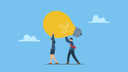 teamwork of business people carrying big smart lightbulb innovation idea symbolizes innovation idea to drive team success, business innovative solution, community, invention help company achieve goal.