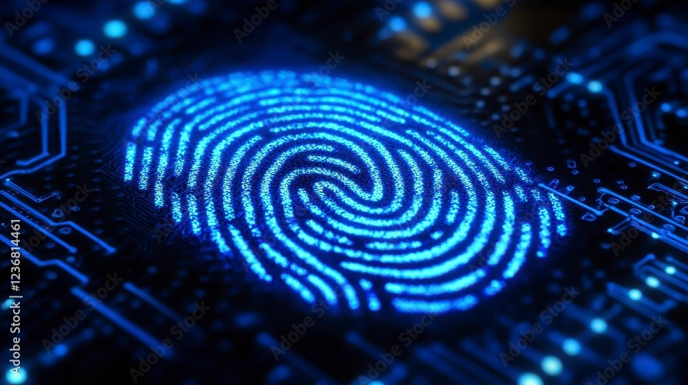 Poster abstract close up of a glowing blue fingerprint on a dark circuit board. the fingerprint is composed