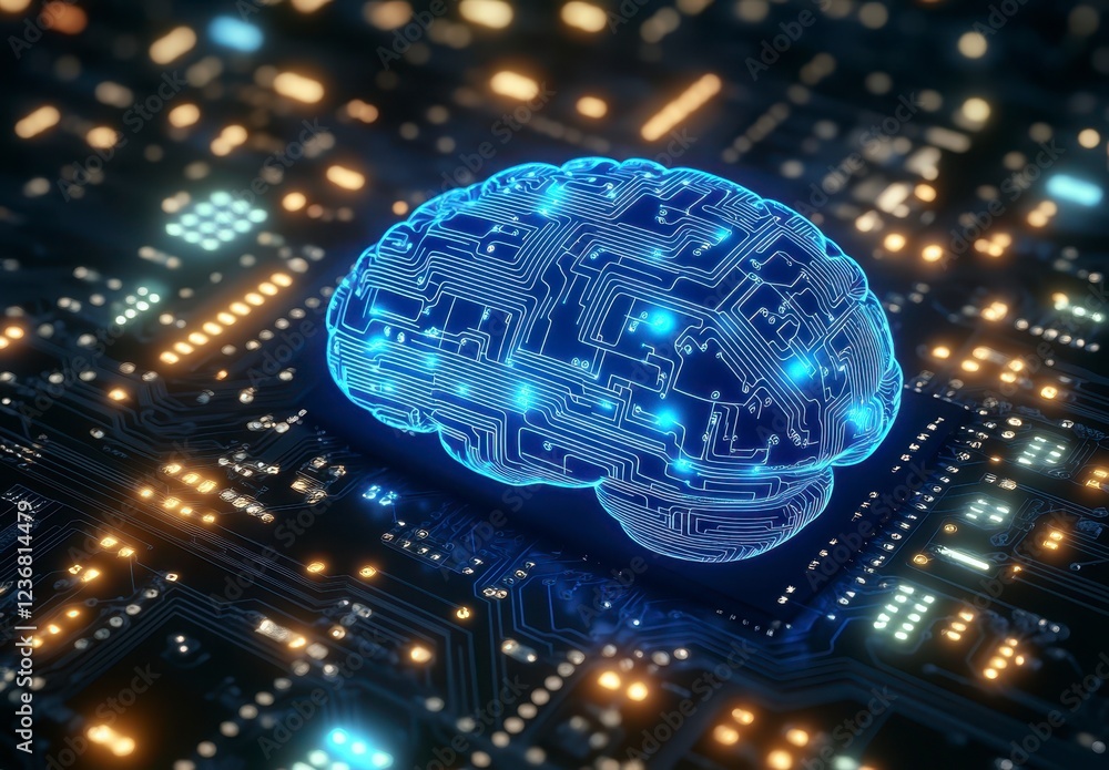 Poster a glowing blue brain shaped circuit board is shown on a dark circuit board background. the image sug