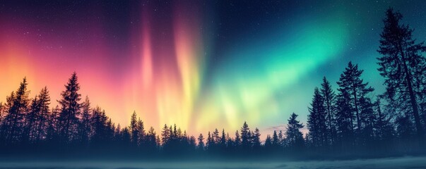 Breathtaking Aurora Borealis Over Evergreen Forest at Night Sky