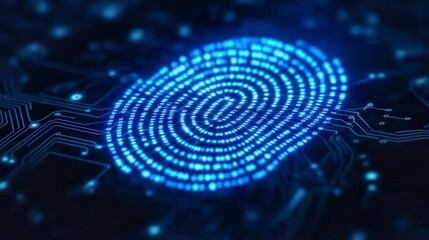 Abstract close up of a glowing blue fingerprint on a dark circuit board. The fingerprint is composed of tiny blue lights, creating a digital