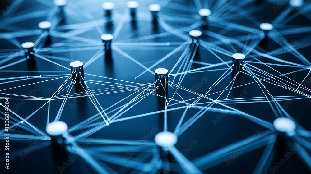 Poster digital connections depicted through glowing lines and nodes on dark surface