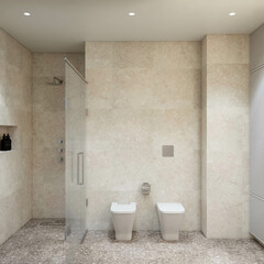 Interior design of bathrooms for homes and apartments, illustrative renders of bathroom furniture